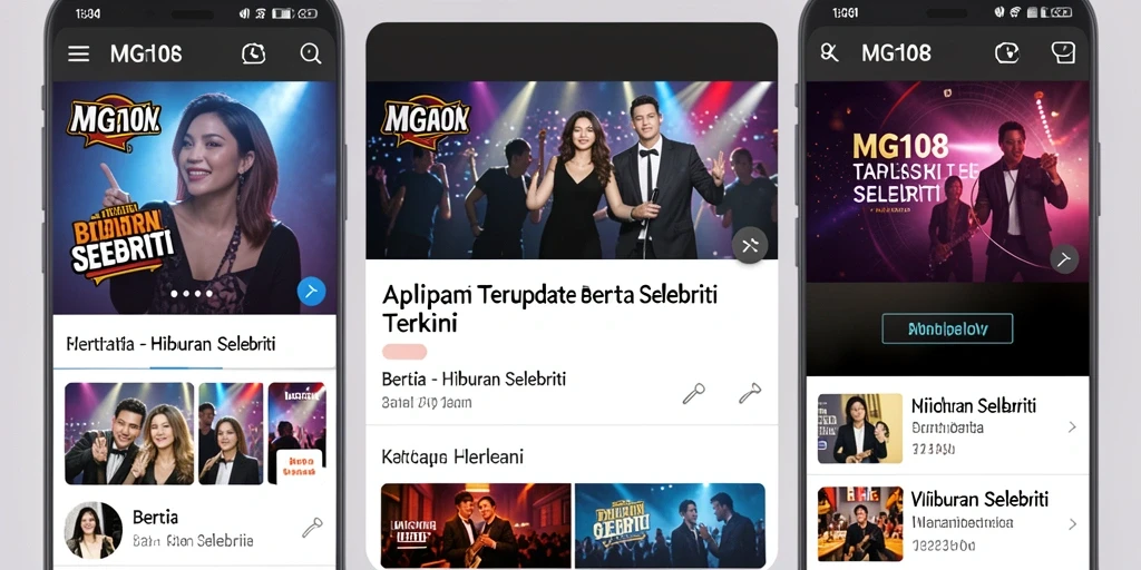 Tampilan antarmuka aplikasi MG108 dengan fitur berita selebriti terbaru.